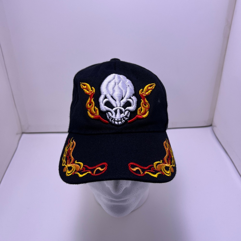 CTS Hats Mens Skull Flames Embroidered Baseball Cap Black Acrylic One Size 58cm